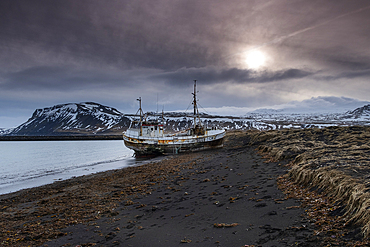 Beached and abandoned Fishing Trawler 'Sandgerdi', Village of Rif, Snaefellsnes Peninsula, Western Iceland, Europe