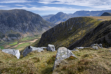 Tryfan and the Ogwen Valley viewed from Carnedd y Filiast , Snowdonia National Park, Eryri, North Wales, UK