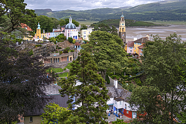The folly Welsh tourist village of Portmeirion in summer, Gwynedd, North Wales, UK