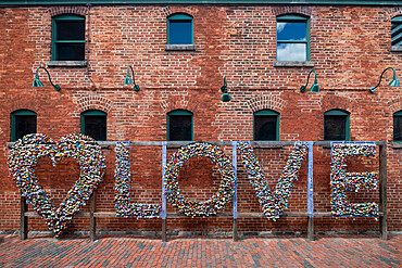 Love Locks spelling the word LOVE, The Distillery District, Toronto, Ontario, Canada, North America