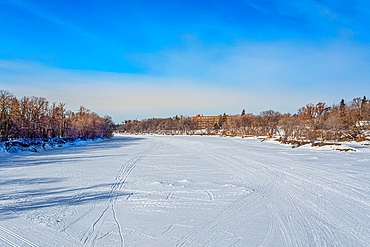 The frozen Assiniboine River in Winnipeg, Manitoba, Canada, North America