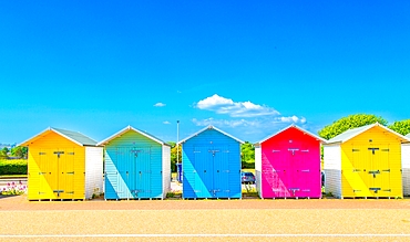 Colourful Beach Huts on the seafront at Eastbourne, East Sussex, England, United Kingdom, Europe