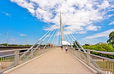 The Esplanade Riel suspended pedestrian footbridge over the Red River, completed 2003, linking central Winnipeg to St. Boniface district, Winnipeg, Manitoba, Canada, North America