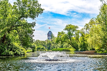 The Riley Family Duckpond with the 1930s Pavilion behind, Assiniboine Park, Winnipeg, Manitoba, Canada, North America