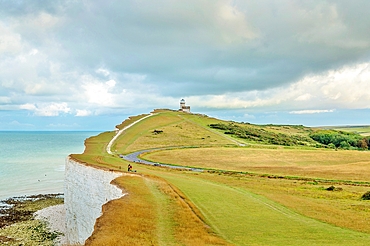 The 19th century Belle Tout lighthouse, now disused, at the cliff edge near Beachy Head, South Downs National Park, East Sussex, England, United Kingdom, Europe