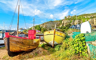 Fishing boats on The Stade (the fishermen's beach) at Hastings, East Sussex, England, United Kingdom, Europe