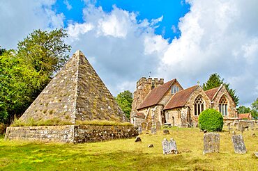 The 19th century pyramid under which the former local MP 'Mad Jack' Fuller is buried in Brightling churchyard, East Sussex