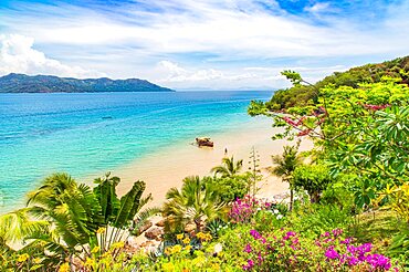 Outrigger boat seen through vegetation on the beach at Nosy Komba, North West Madagascar.