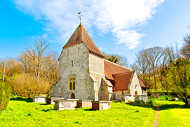 All Saints Church in West Dean, the spire described by John Betjeman as unique in Sussex, Westdean, East Sussex, England, United Kingdom, Europe