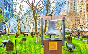 The Bell of Hope gifted in 2002 by a church in London in memory of those killed in the 9/11 terrorist attacks, outside St. Paul's Chapel, the oldest surviving public building in the city, New York City, United States of America, North America