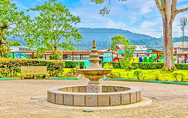 The town square and fountain in Mindo, a visitor centre for the Cloud Forest, Ecuador, South America