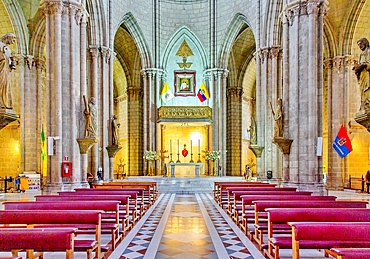 The nave of The Basilica del Voto Nacional, a Catholic Cathedral, begun in 1887, Quito, Ecuador, South America