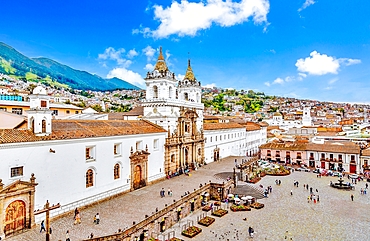 San Francisco Square (Plaza de San Francisco) in the Historic Centre of Quito. La Iglesia y Monasterio De San Francisco with its twin towers faces the square. The square is part of the UNESCO world heritage site.