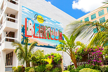 Greetings from Bermuda sign in the capital, Hamilton, Bermuda, Atlantic, Central America