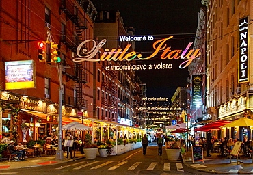 The Welcome to Little Italy sign at the junction of Mulberry Street and Hester Street, Little Italy Manhattan, New York, United States of America, North America.