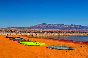 Water craft by the reservoir at Sand Hollow State Park, near St George, Utah, USA. The 20,000 acre park opened in 2003 and offers boating, off road vehicle trails and hiking..