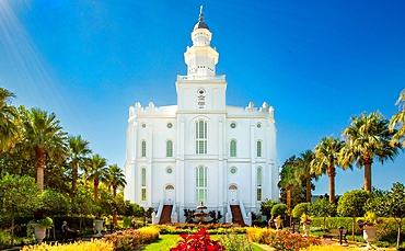 The St George Utah Temple in St George, Utah, USA. It is a Mormon church, completed in 1877 and the oldest temple still in use today by the Mormon church.