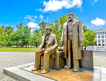 The bronze sculpture by Ludwig Engelhardt of Marx (left) and Engels in Marx - Engels Forum in central Berlin. The Forum, a park, was created by the former East German authorities in 1986.