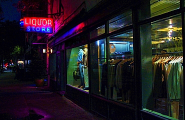 Old Neon Liquor Store advertising sign in Tribeca, Manhattan, New York City, USA.