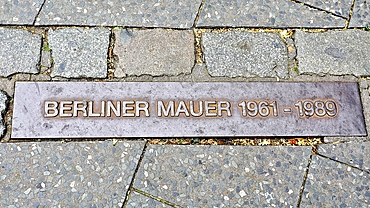 Plaque marking the site of the Berlin Wall in Potsdamerplatz, Berlin, Germany