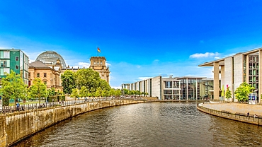 The Reichstag Building from the Marschallbrucke bridge over the River Spree, Berlin, Germany