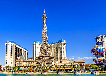 The Paris Las Vegas Hotel & Casino, on The Strip, Las Vegas, Nevada, USA. It features a half scale Eiffel Tower replica. The hotel opened in 1999 and features 10 restaurants.