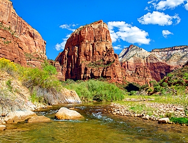 Angels Landing, a rock formation 1,488 feet high in Zion National Park, Utah, USA. A steep trail to the top was created in 1926 which allows spectacular views over the Park. It is believed that at least 18 people have died climbing the rock.