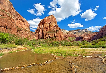 Angels Landing, a rock formation 1,488 feet high in Zion National Park, Utah, USA. A steep trail to the top was created in 1926 which allows spectacular views over the Park. It is believed that at least 18 people have died climbing the rock.