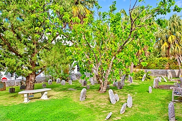 Burial Ground for Slaves and Free Blacks at St Peter's Churchyard, St George, Bermuda. At least 180 graves are here and burials continued until 1854. St Peter's is part of the UNESCO recognised African Diaspora Heritage Trail.