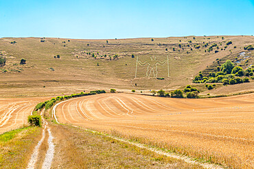 The Long Man of Wilmington, an Iron Age hill figure, looks down on the parched brown fields of drought hit East Sussex, Wilmington, East Sussex, England, United Kingdom, Europe