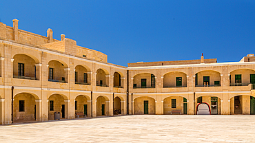 The Piazza d'Armi (Parade Ground) at Fort St Elmo, Valletta, Malta. There are barracks on three sides of the square which were built in 1730 by the Order of St John.