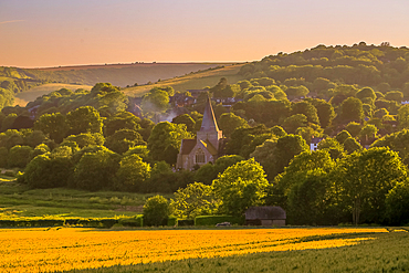 St Andrew's Church at twilight in Alfriston, East Sussex, England UK. A Grade 1 building, it dates from the 1370s.