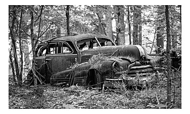 Remains of a 1947 Pontiac Torpedo Silver Streak car on Francis Island, Georgian Bay, Ontario, Canada. The island has no roads.