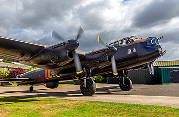 Avro Lancaster Mark VII NX611 'Just Jane' at the Lincolnshire Aviation Heritage Centre at East Kirkby, Lincolnshire, England, UK. It is a memorial to Christopher Whitton Panton who was killed in action in 1944 serving with RAF Bomber Command.