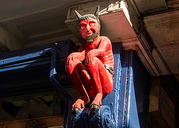 The Stonegate Devil, aka the Printer's devil, is a carving thought to date from the 17th Century above no 33 Stonegate in the ancient center of York. At that time Stonegate was full of printers who were thought by some to be practicing a dark art.