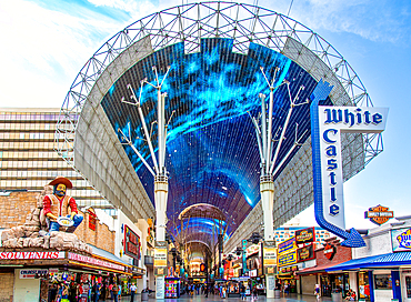 The popular Fremont Street Experience, Las Vegas, Nevada, United States of America, North America. Fremont Street was the original center of Las Vegas before The Strip became established. It was pedestrianised in 1994.