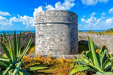Martello Tower, with walls up to 11 feet thick and surrounded by dry moat, at Ferry Reach, built by the British Army in 1883 to protect the main channel into Bermuda, St. George's Island, Bermuda, Atlantic, North America