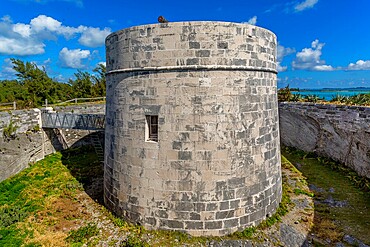 Martello Tower, with walls up to 11 feet thick and surrounded by dry moat, at Ferry Reach, built by the British Army in 1883 to protect the main channel into Bermuda, St. George's Island, Bermuda, Atlantic, North America