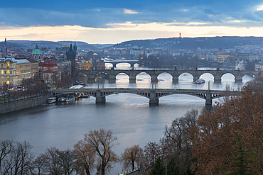 Bridges over Vltava River against sky seen from Letna park at twilight, Prague, Bohemia, Czech Republic (Czechia), Europe