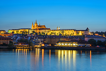 Illuminated Prague Castle at twilight, UNESCO World Heritage Site, Prague, Bohemia, Czech Republic (Czechia), Europe