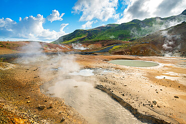 Steaming pools, geothermal area and hot springs at Seltun Hot Springs, Krysuvik, The Capital Region, Iceland