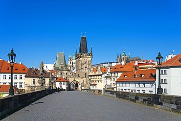 Empty Charles Bridge during Covid-19 pandemic, UNESCO World Heritage Site, Prague, Czech Republic (Czechia), Europe