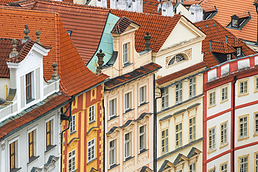 Detail of facades of houses near Old Town Square, Old Town, UNESCO World Heritage Site, Prague, Bohemia, Czech Republic (Czechia), Europe