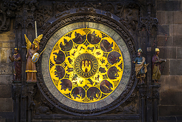 Detail of decorated circle and statues at Astronomical Clock at Old Town Square, UNESCO World Heritage Site, Old Town, Prague, Czechia, Europe