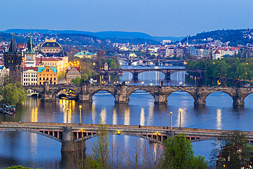 Bridges over Vltava River as seen from Letna Park at twilight, Prague, Czech Republic (Czechia), Eurpe