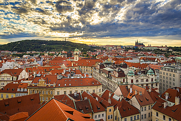 Aerial view of Old Town with distant view of Prague Castle as seen from Powder Tower, UNESCO World Heritage Site, Prague, Czechia, Europe