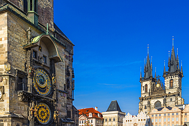 Astronomical clock and The Church of Our Lady Before Tyn on Old Town Square, UNESCO World Heritage Site, Prague, Czech Republic (Czechia), Europe