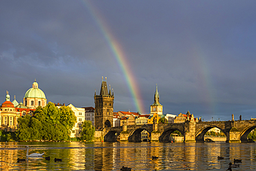 Rainbow above Charles Bridge at sunset, UNESCO World Heritage Site, Old Town, Prague, Czech Republic (Czechia), Europe