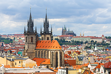 Church of Our Lady Before Tyn and Prague Castle as seen from Powder Tower, UNESCO World Heritage Site, Prague, Bohemia, Czech Republic (Czechia), Europe