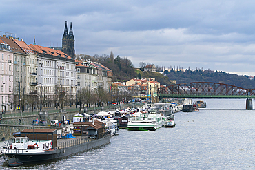 Farmers market on Vltava riverside close to Palackeho namesti and Vysehrad church in background, Prague, Czech Republic (Czechia), Europe